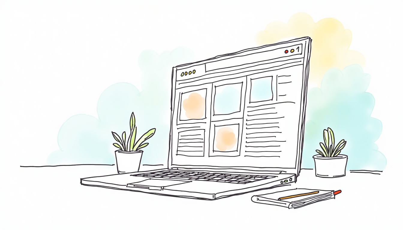 Procesul de creare site stiri de la zero, cu elemente grafice reprezentând conținut și tehnologie.