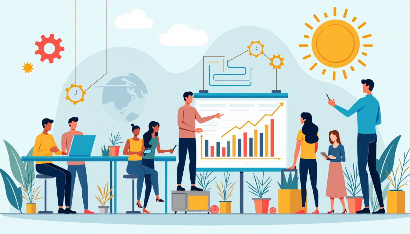 Ilustrație cu procesul de crearea site-urilor web, incluzând design, codare și lansare.