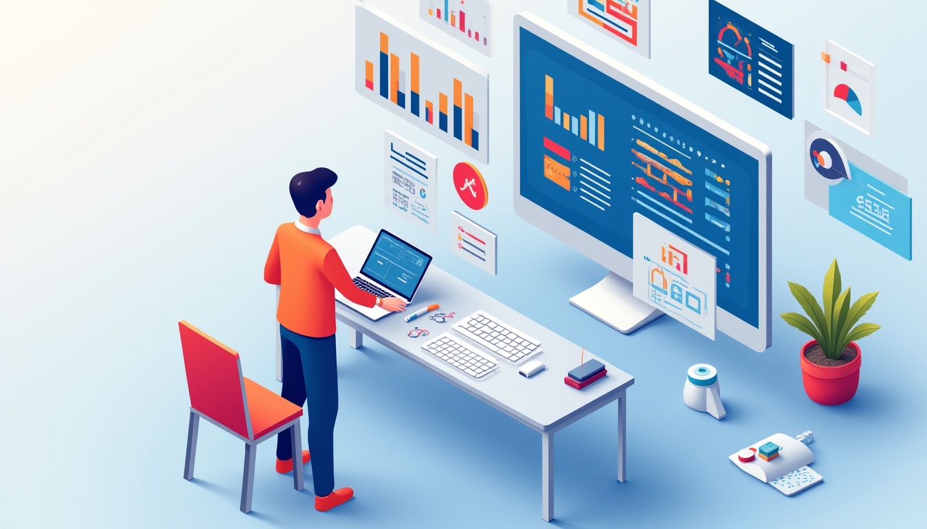 Ilustrație digitală cu elemente cheie pentru realizare site web de succes, incluzând laptop, telefon mobil și grafice