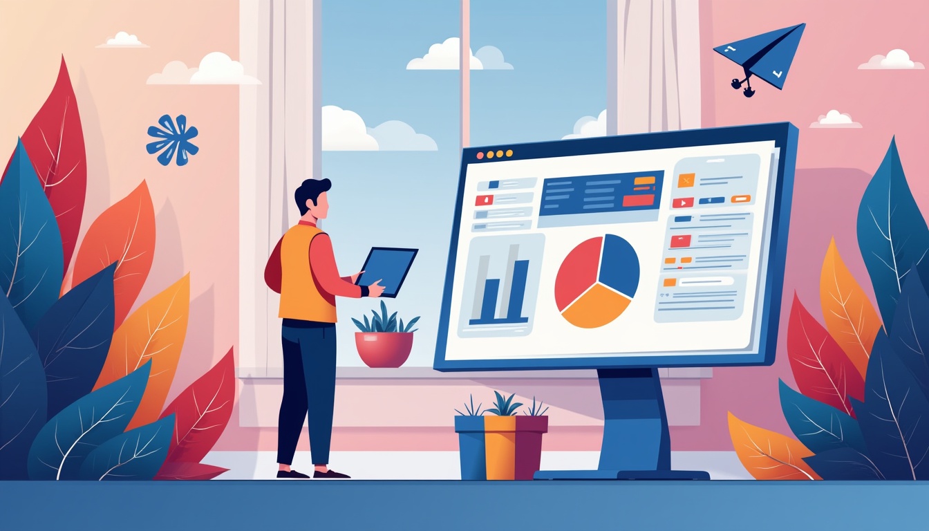 Ilustrație cu elemente de design web și cod, reprezentând procesul de crearea unei pagini web profesionale și moderne.