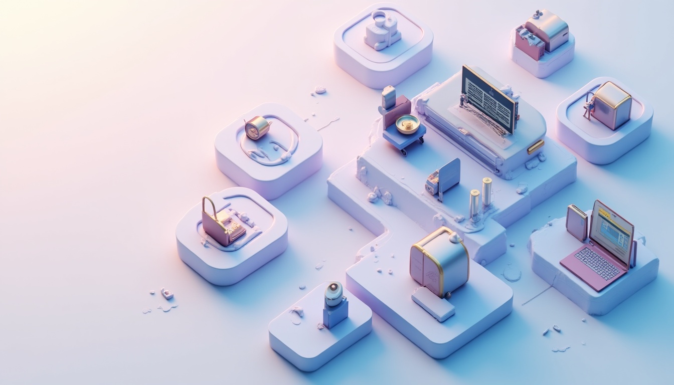 O ilustrație digitală reprezentând procesul complex de creare a site-urilor web profesionale, cu elemente de cod, design